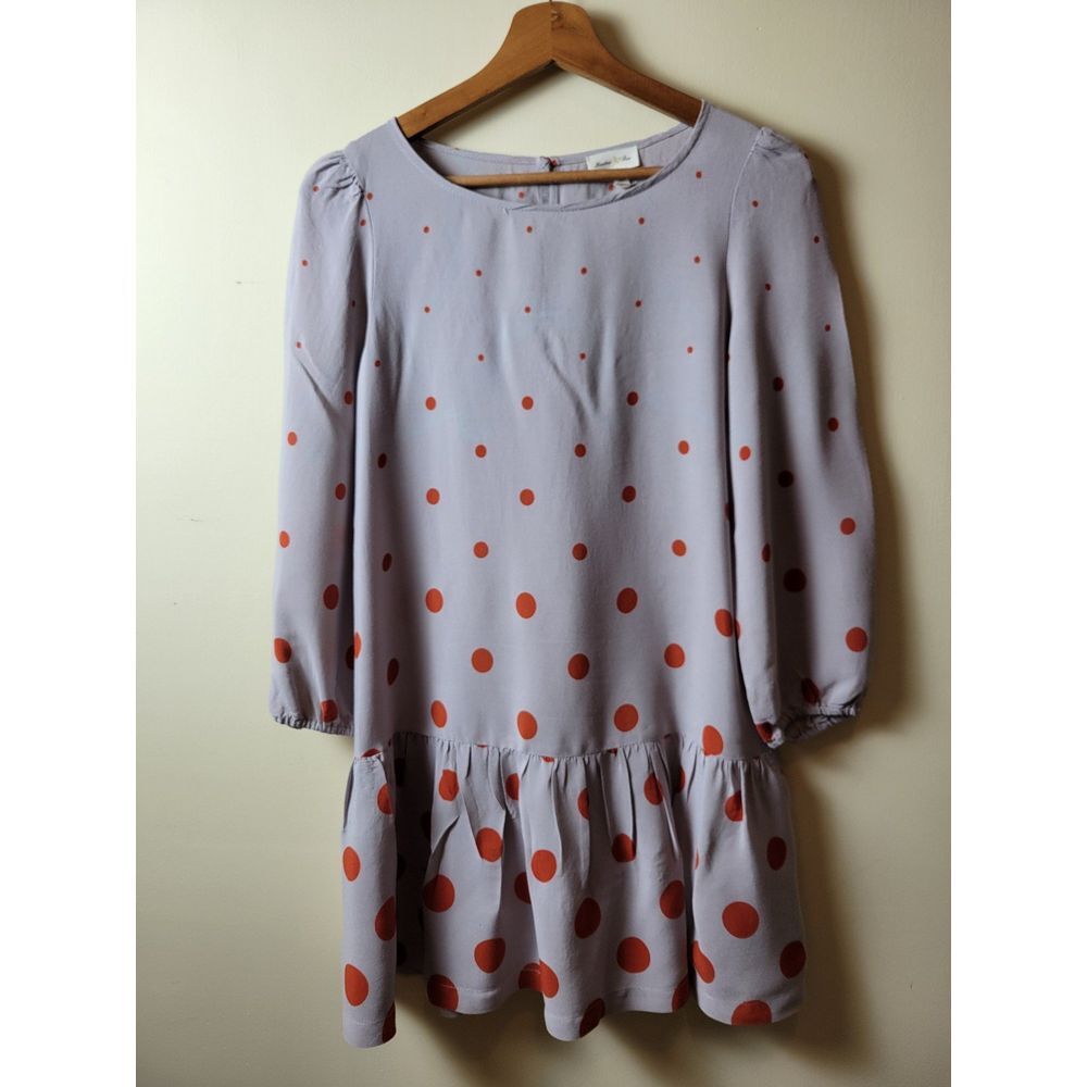 Anthropology Meadow Rue Women's SZ 2 Grey w/ Orange‎ Polka Dot LS Ruffle Dress